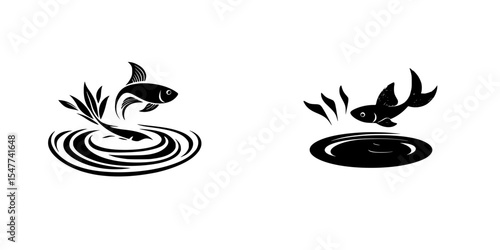 Black icons of fish swimming and splashing in water, showcasing aquatic life in a minimalist design