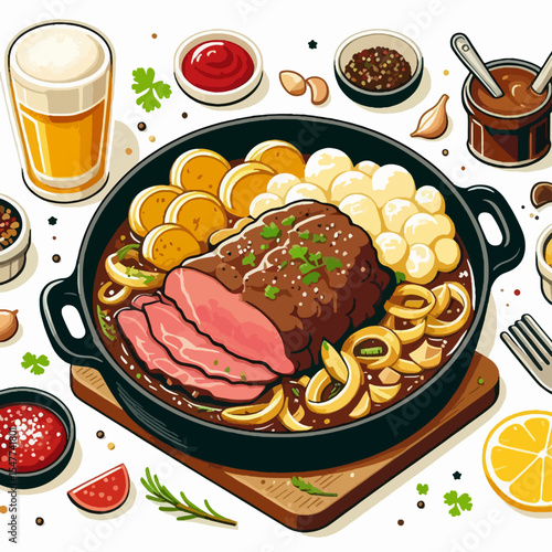Illustration of a hearty roast beef dinner presented in a cast iron skillet, complete with mashed potatoes,  vegetables, and condiments;  a light-colored beer is also included.