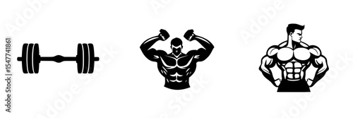 Black icon set features a dumbbell, muscular figure, and strongman flexing in a simple design