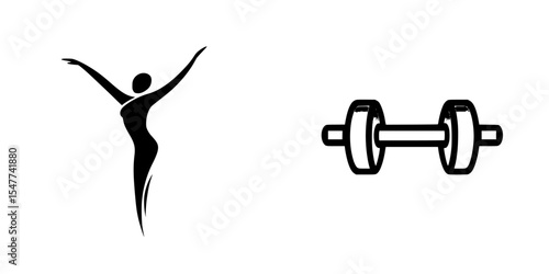 Set of black icons representing fitness and wellness activities featuring a graceful figure and a dumbbell