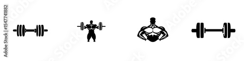 Set of black weightlifting icons illustrating gym equipment and muscular fitness activities
