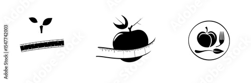 Set of black icons representing healthy eating, food measurement, and meal presentation, designed for fitness and nutrition themes