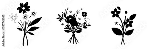 Black floral icons depicting various flower arrangements for design and decoration purposes