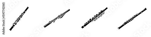 Set of black flute icons arranged in a horizontal line showcasing different styles and designs, suitable for musical illustrations or themes