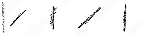 Set of decorative black flute icons featuring floral and natural designs in various orientations