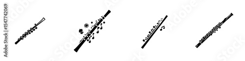 Collection of black flute icons representing different musical styles and expressions