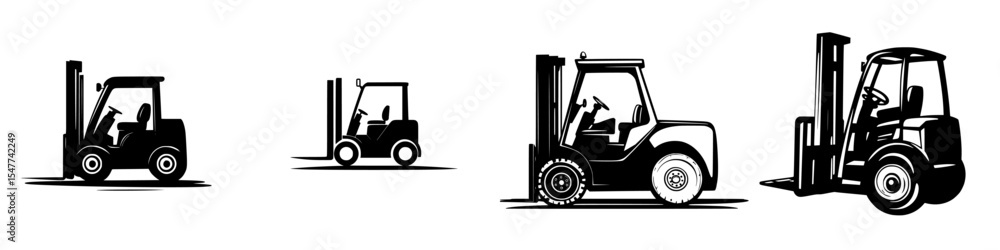 Naklejka premium Collection of black icons depicting various forklift designs in different positions and perspectives