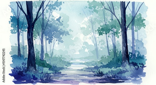 Serene Blue Forest Path: Watercolor Tranquility