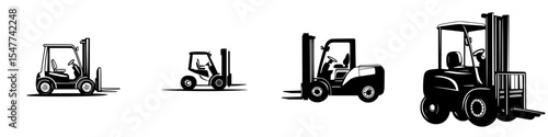Variations of black forklift icons showcasing different designs and styles for industrial use and logistics operations