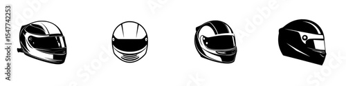 Stylized black icons of racing helmets showcasing different designs and styles for motorsport enthusiasts