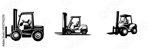 Black icon set featuring various forklift designs for industrial and construction settings