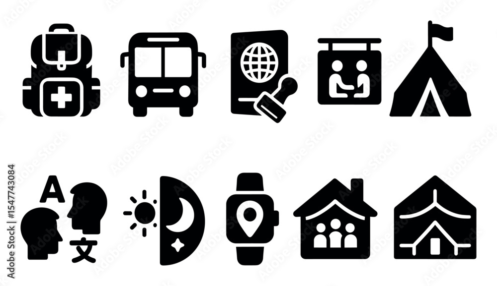 Travel and tourism silhouette icon set for vacation and trip planning Travel and tourism silhouette icon set for vacation and trip planning