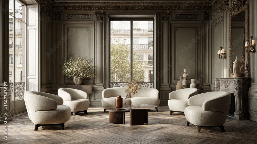Fototapeta premium Elegant room with light furniture placed strategically to create flow and openness