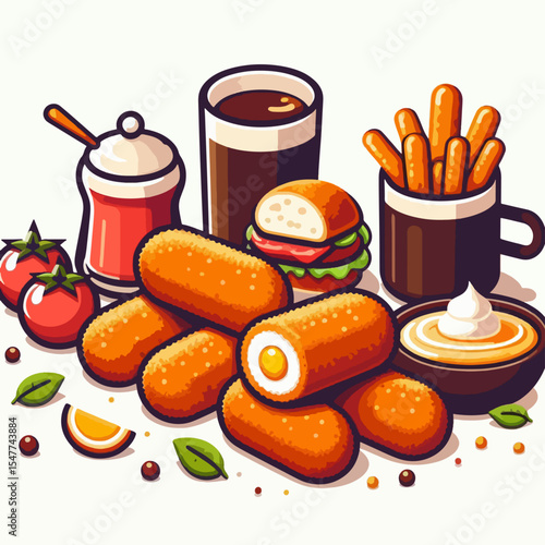 Cartoonish, flat design of several fast food items arranged on a white background, including burgers, fries, a drink, and snacks, in a colorful and appealing manner.