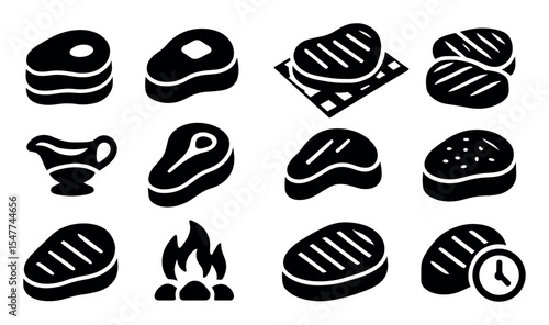 Steak, bbq filled icon set. grilled beef, barbecue, cooking icons filled collection