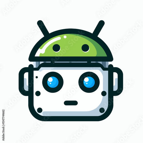 Vibrant, cartoonish robot head design, perfect for technology or futuristic themes.  Simple line art and bold colors create a friendly and approachable aesthetic.