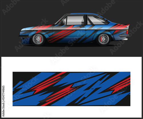 Racing Car Wrap Design with Blue and Red Graphics
