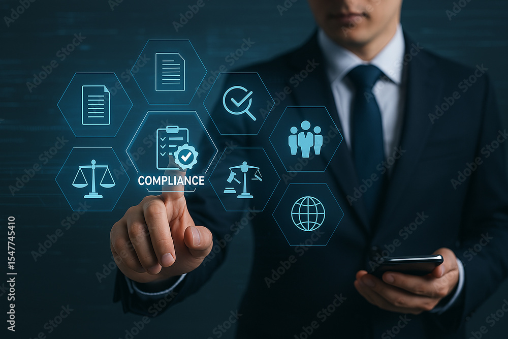 Compliance in business concept. Stay in line with business policies. Businessman touching compliance icon on virtual screen, ensuring the enforcement of laws, regulations, and standards. Compliance in business concept. Stay in line with business policies. Businessman touching compliance icon on virtual screen, ensuring the enforcement of laws, regulations, and standards.
