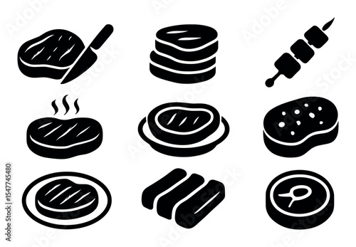 Meat, cooking silhouette icon set. steak, grill, barbecue in silhouette style