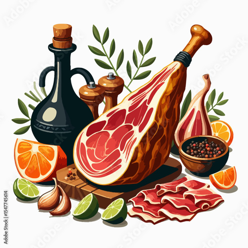 Vibrant illustration of a cured ham sectioned and displayed with accompanying ingredients like citrus fruits, garlic, olive oil, and herbs.