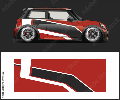 Mini Cooper Car Wrap Design with Red and Black Graphics