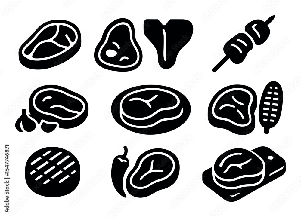 Barbecue, grill silhouette icon set. meat, steak, skewer, bbq symbols collection Barbecue, grill silhouette icon set. meat, steak, skewer, bbq symbols collection