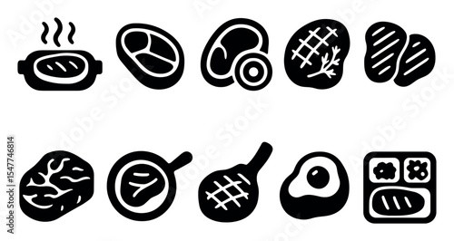 Meat and steak filled icon set. barbecue, grilled food symbols collection.