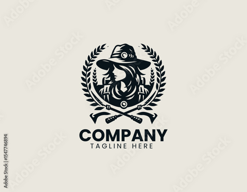 Adventure girl silhouette standing on mountain peak with dog companion inside circular badge emblem conveying exploration spirit