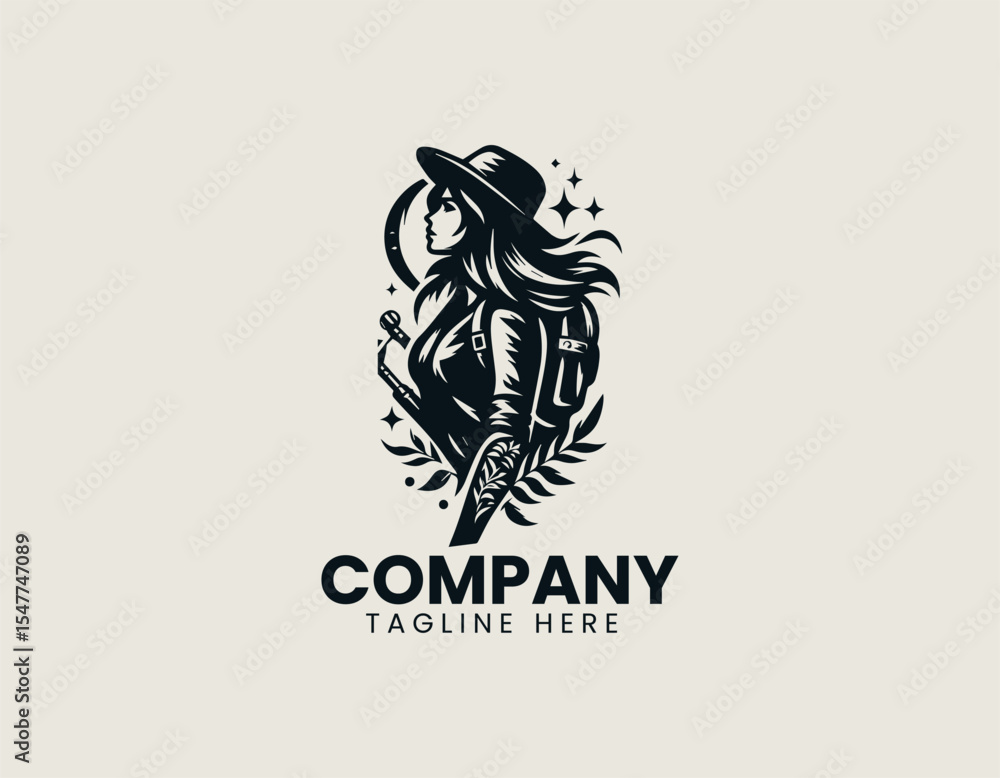Fototapeta premium Adventure girl silhouette standing on mountain peak with dog companion inside circular badge emblem conveying exploration spirit