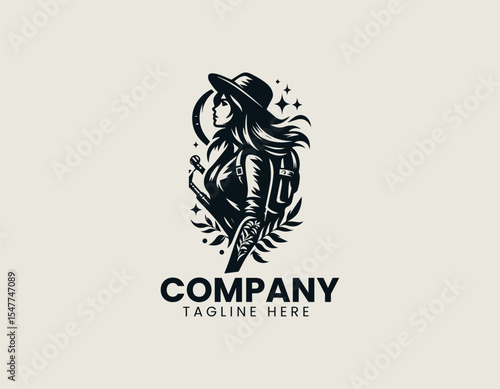 Adventure girl silhouette standing on mountain peak with dog companion inside circular badge emblem conveying exploration spirit