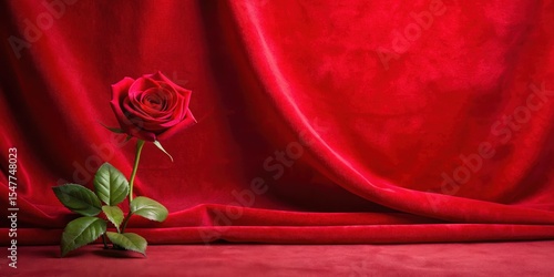 Fototapeta Naklejka Na Ścianę i Meble -  Red velvet backdrop with a single rose , velvet, minimalist decor