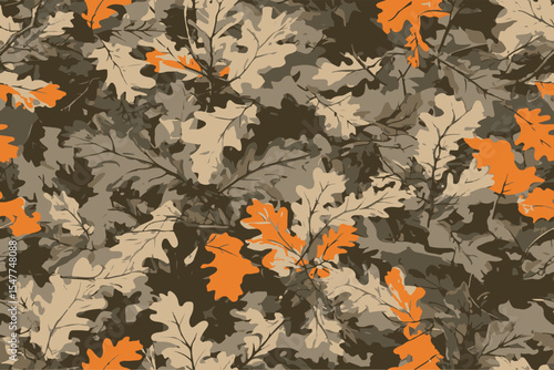 A camouflage pattern with oak leaves, perfect for hunting and outdoor activities.Hunting camouflage background. Vector camouflage texture