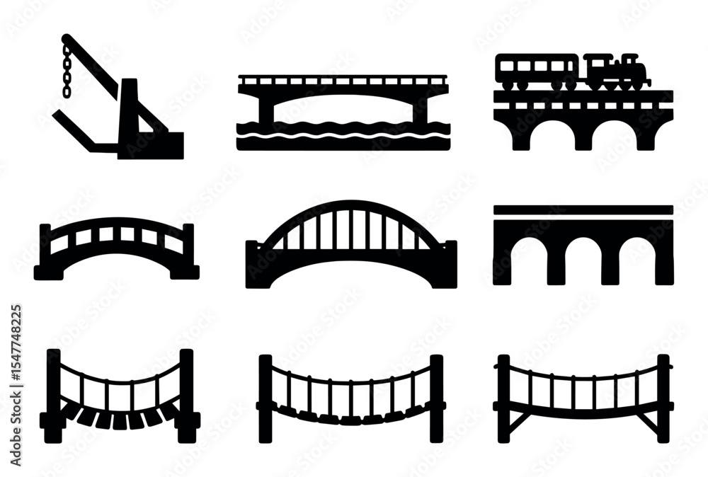 Fototapeta premium Bridge, infrastructure solid icon set. transportation, architecture symbols solid style