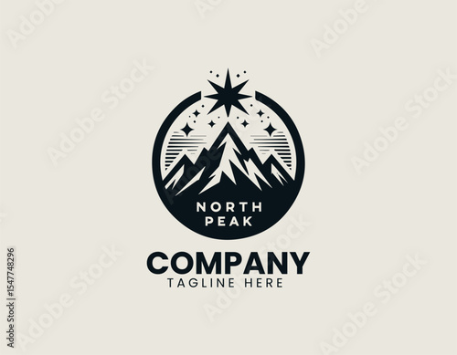 Mountain peak silhouette logo with north direction symbol in clean modern vector design