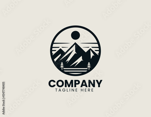 Mountain peak silhouette logo with north direction symbol in clean modern vector design
