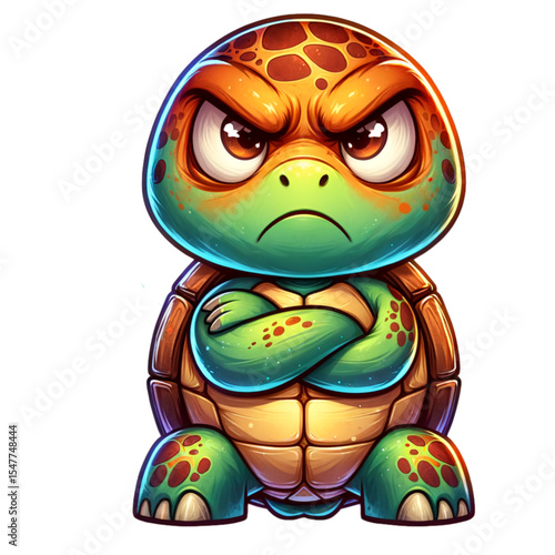 Angry Cartoon Turtle: An anthropomorphic turtle, eyes narrowed in a scowl, arms crossed, radiates a sense of annoyance or frustration in a vibrant illustration.