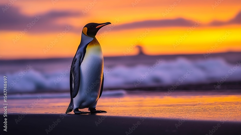 Fototapeta premium pingwin cesarski, plaża wulkaniczna, czarny piasek, zachód słońca, wschód słońca, niebo pomarańczowe, niebo fioletowe, fale morskie, tropikalna plaża, sylwetka pingwina, światło złotej godziny, natura