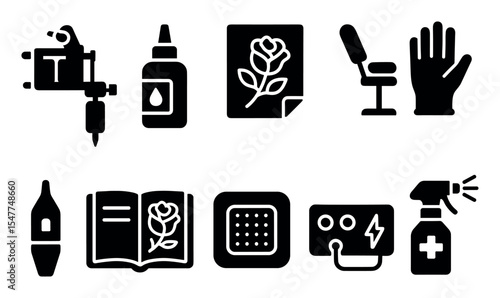 Tattoo and equipment solid icon set. ink, machine, chair, spray and more