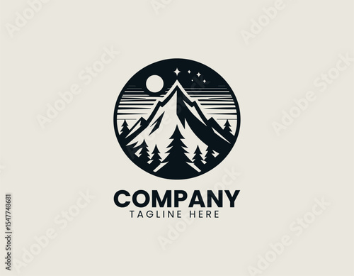 Mountain peak silhouette logo with north direction symbol in clean modern vector design