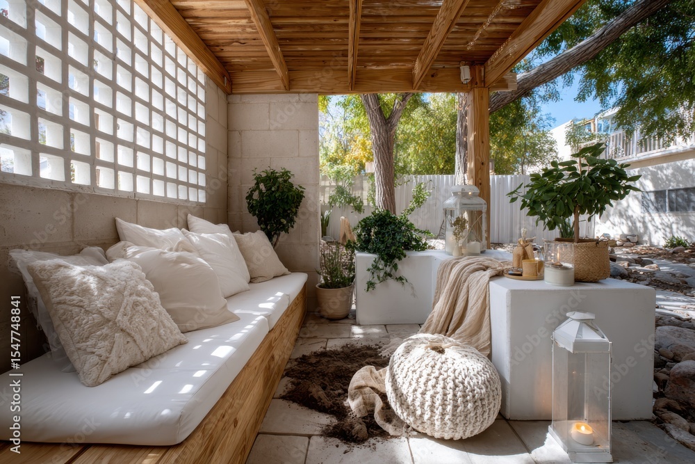 Fototapeta premium An inviting outdoor living area, featuring plush cushions and greenery, showcases a tranquil space for relaxation, highlighting the beauty of nature and comfort.
