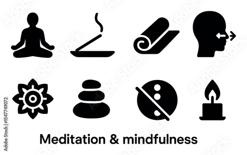 Meditation and mindfulness solid icon set. relaxation, zen, yoga symbols in solid style