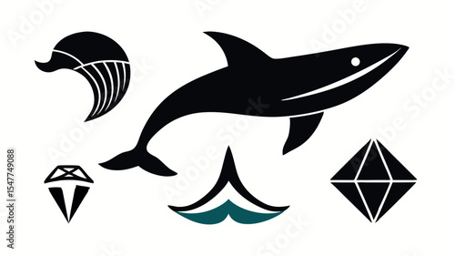 Photography Set of vector shark illustrations with marine animals and ocean theme