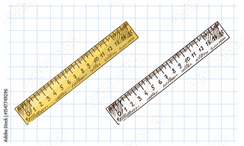 Hand drawn vintage sketch of school rulers in color and monochrome on grid notebook background, vector illustration