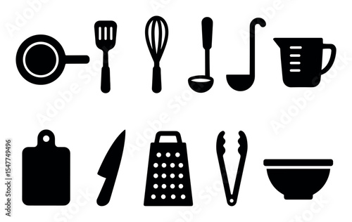 Kitchen tools silhouette icon set. cooking utensils for culinary projects