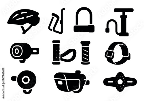 Cycling equipment icon set. bicycle accessories in solid style