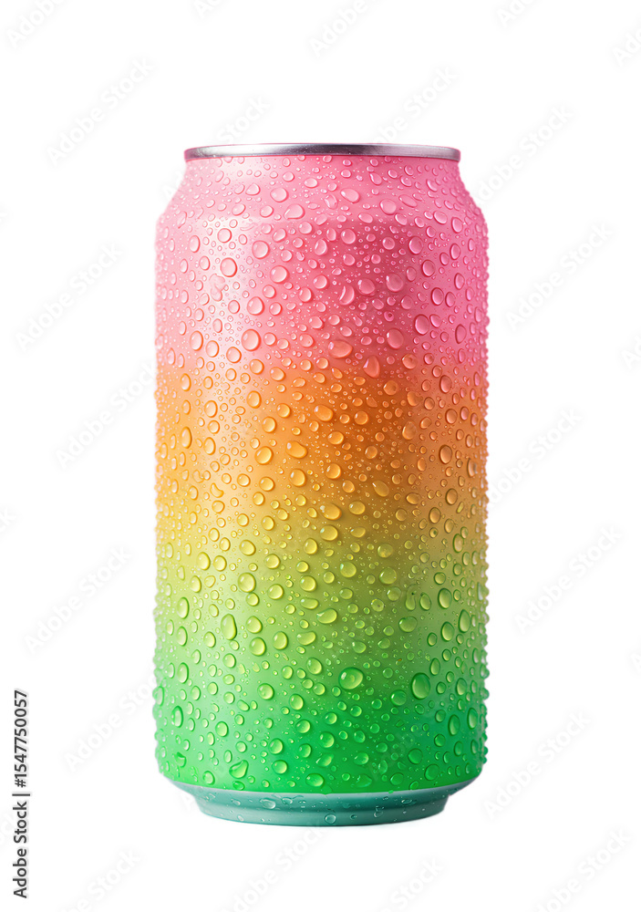 Fototapeta premium A colorful gradient soda can covered in water droplets on a transparent background.