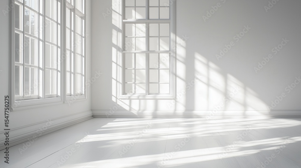 Fototapeta premium Sunlight streams through large windows in a minimalistic white room highlighting shadows