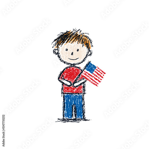 Child drawing holding American flag in a cheerful manner  