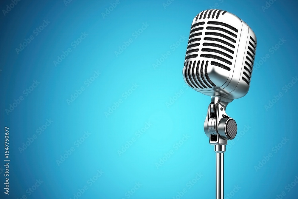 Fototapeta premium Classic silver microphone against a vibrant blue background creates a striking visual effect
