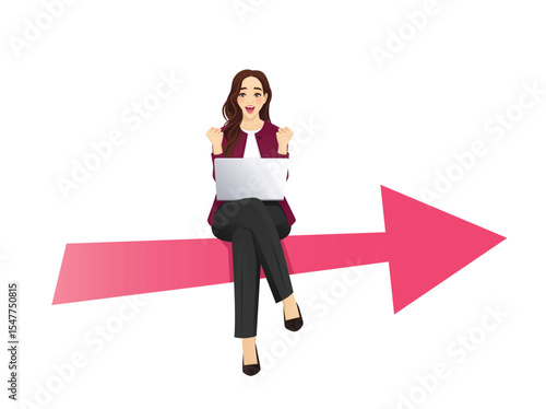 Excited business woman with laptop computer sitting on big arrow. Vector illustration isolated